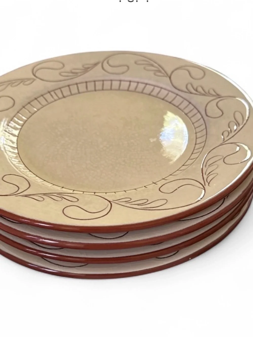 Pottery Barn Cream salad Plate with Brown cabrerra Scroll Motif Set of 4